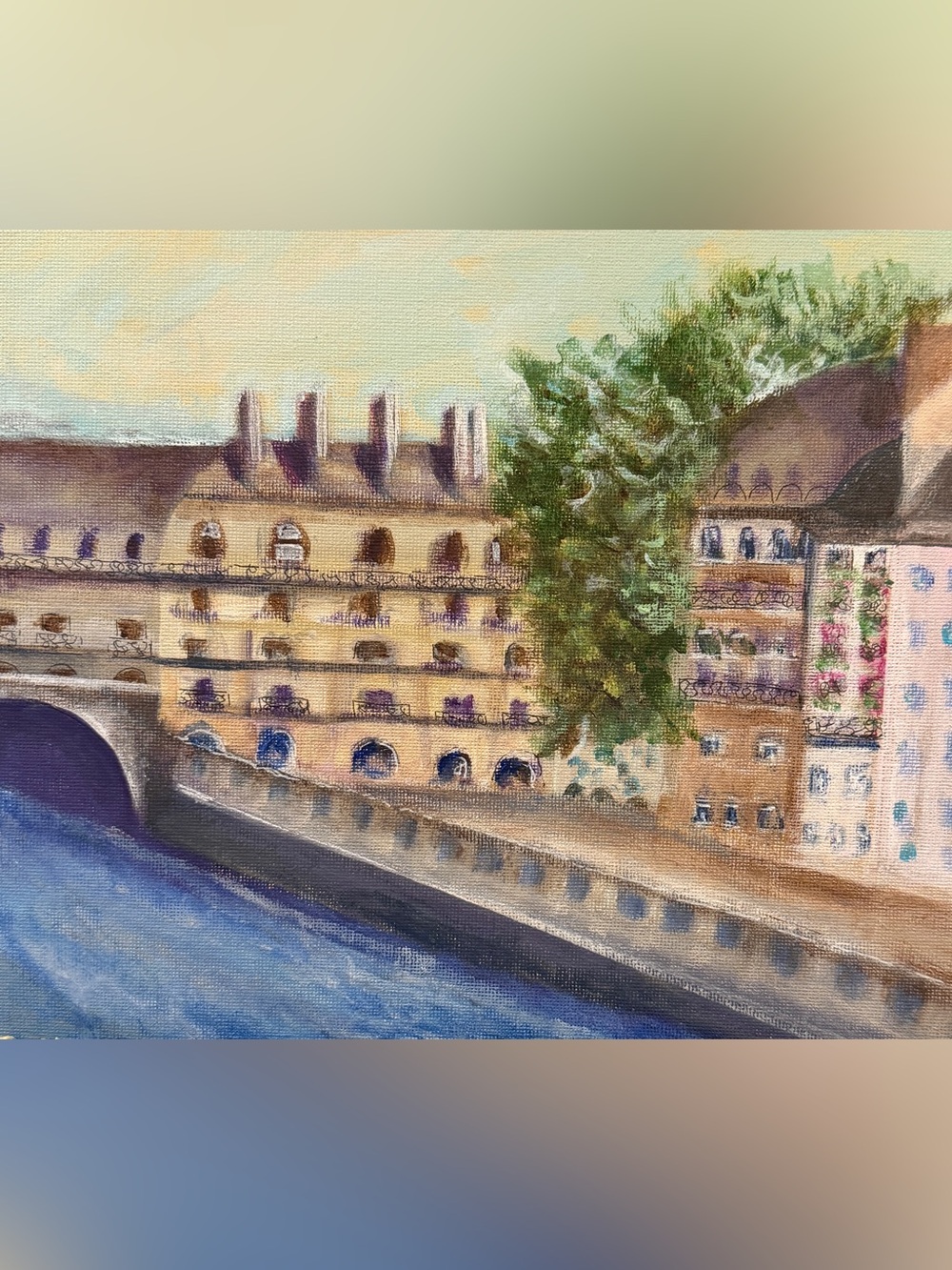 Serene paris Riverbank Painting in Cream, Blue & Green